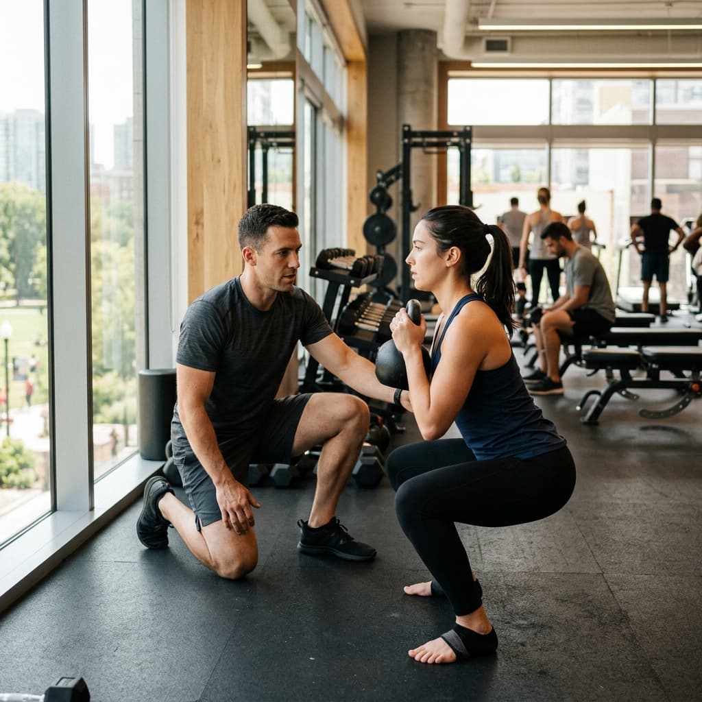 Trainingseinheit mit Kettlebell unter Anleitung eines Personal Trainers